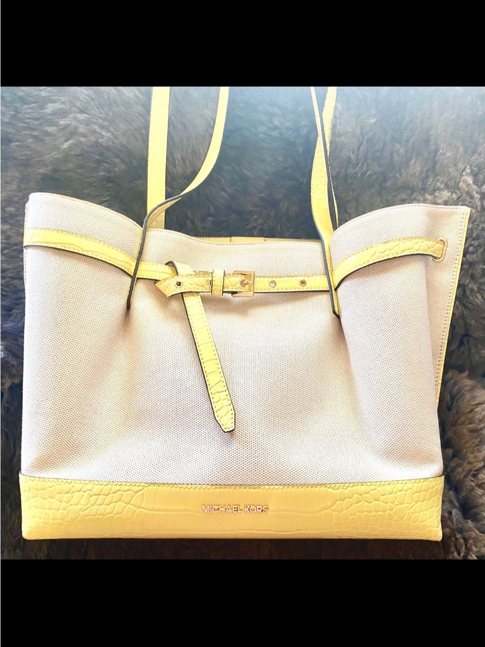 Michael Kors Emilia Large Canvas and Crocodile-Embossed Tote Bag NWT -BUTTERCUP